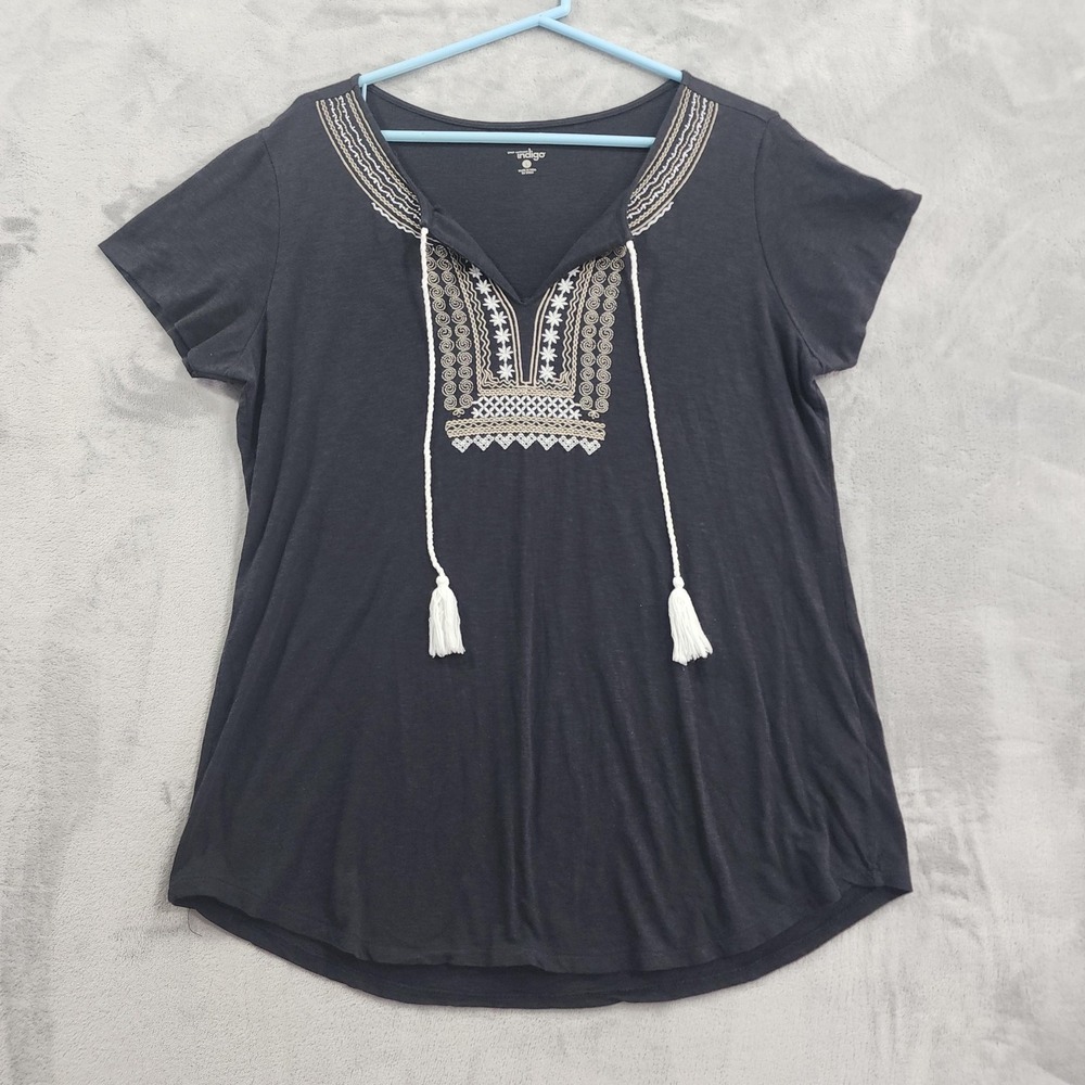 Great Northwest Indigo Top Womens L Gray Embroidered Tassel V-Neck Tunic Boho